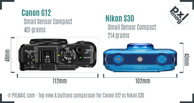 Canon G12 vs Nikon S30 top view buttons comparison