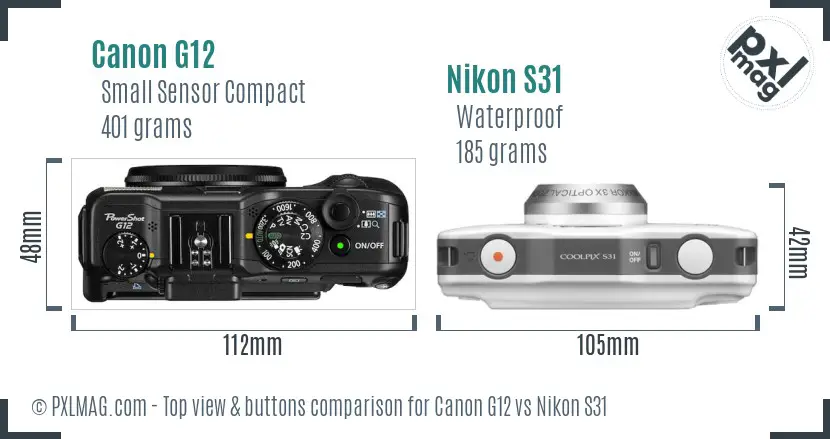 Canon G12 vs Nikon S31 top view buttons comparison Canon G12 vs Nikon S31 top view buttons comparison
