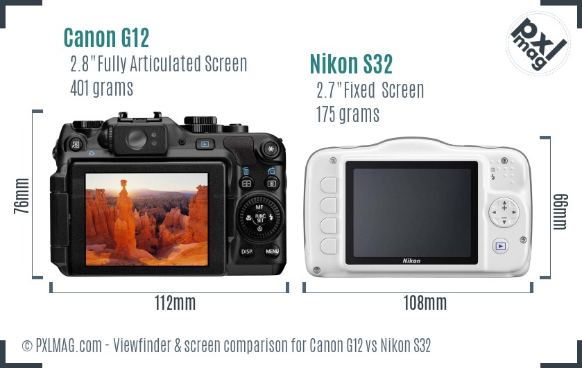 Canon G12 vs Nikon S32 Screen and Viewfinder comparison