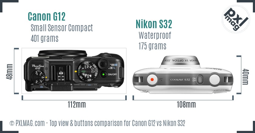 Canon G12 vs Nikon S32 top view buttons comparison