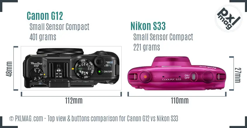 Canon G12 vs Nikon S33 top view buttons comparison