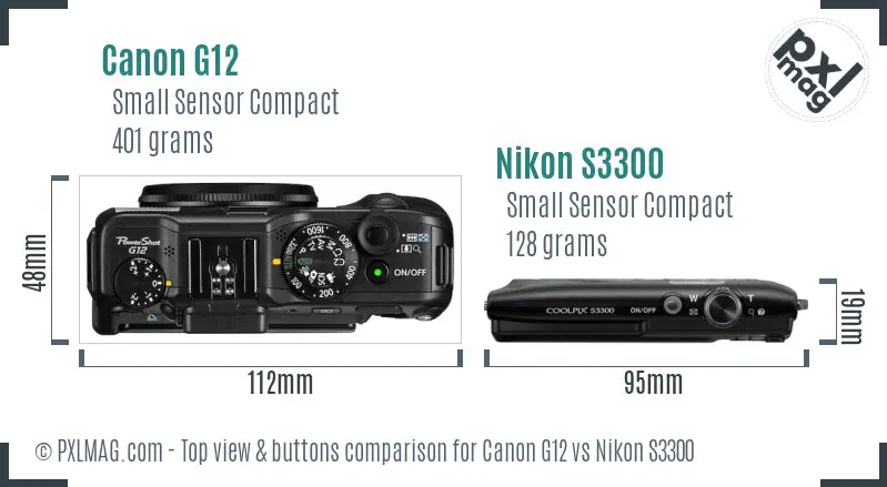 Canon G12 vs Nikon S3300 top view buttons comparison