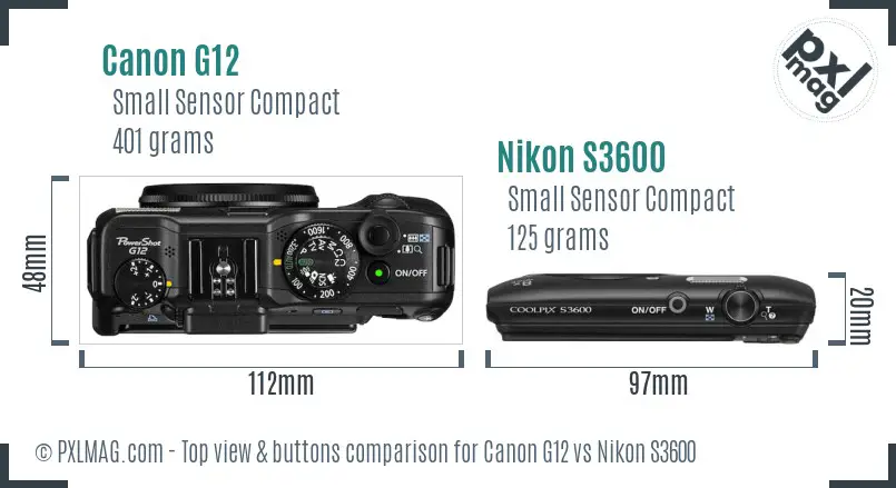 Canon G12 vs Nikon S3600 top view buttons comparison
