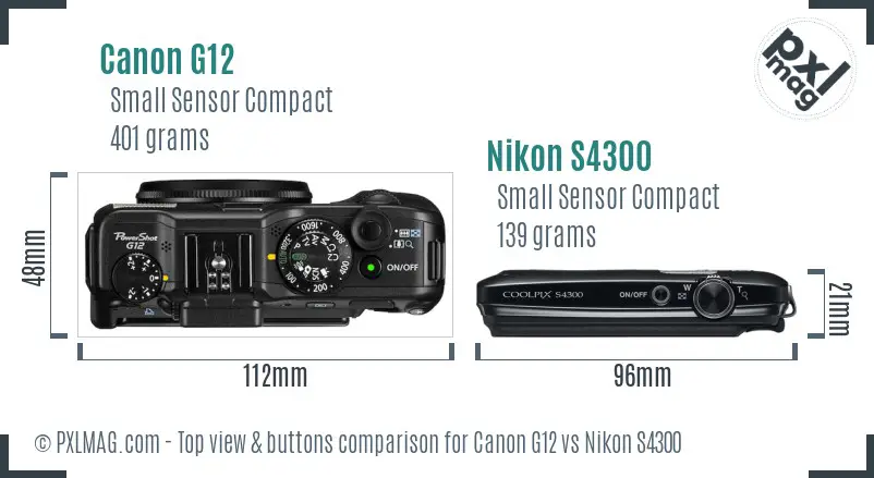 Canon G12 vs Nikon S4300 top view buttons comparison