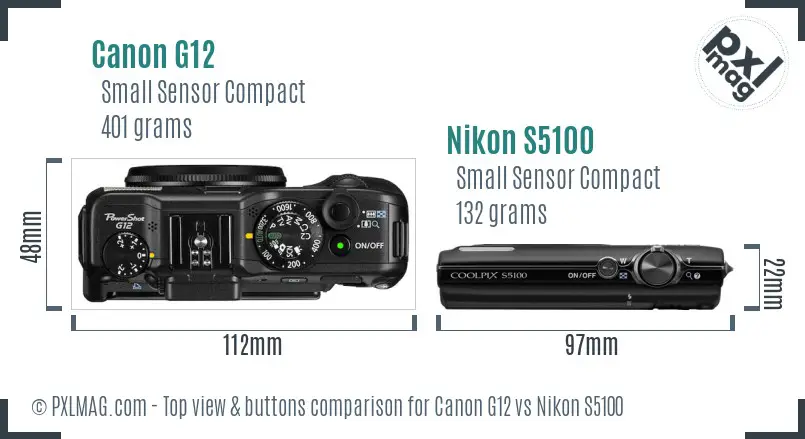 Canon G12 vs Nikon S5100 top view buttons comparison