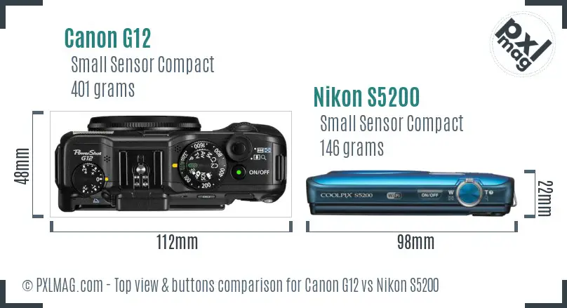 Canon G12 vs Nikon S5200 top view buttons comparison