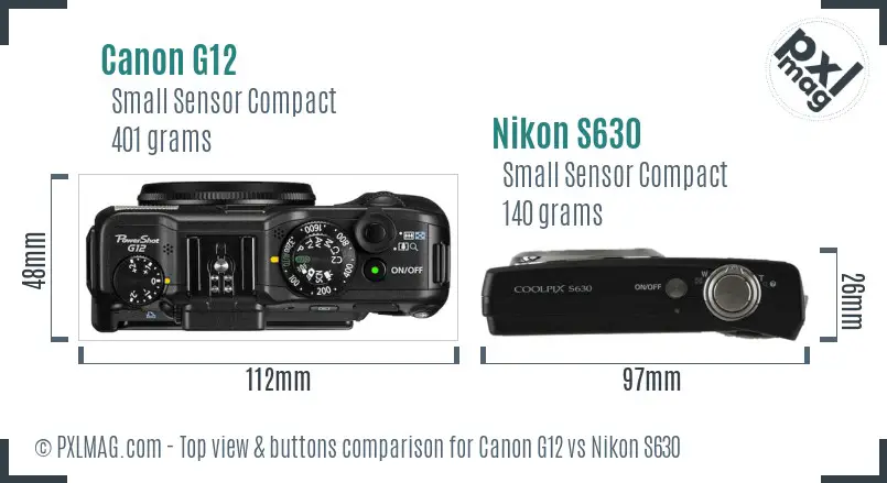 Canon G12 vs Nikon S630 top view buttons comparison