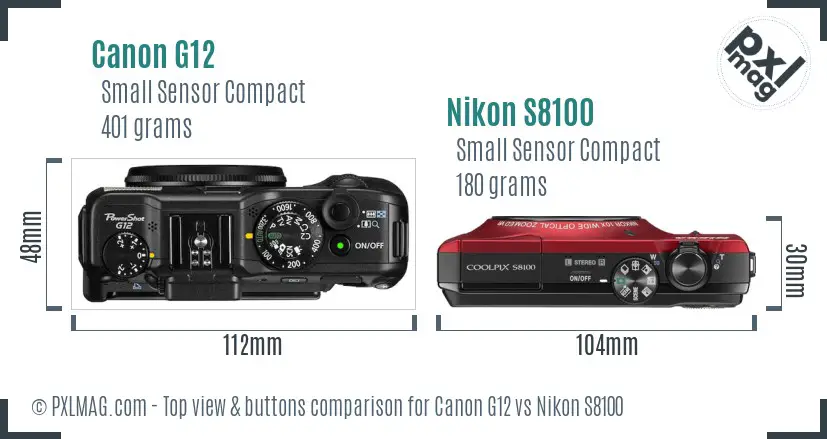 Canon G12 vs Nikon S8100 top view buttons comparison