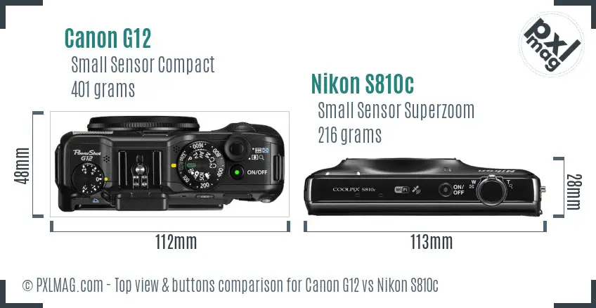 Canon G12 vs Nikon S810c top view buttons comparison Canon G12 vs Nikon S810c top view buttons comparison