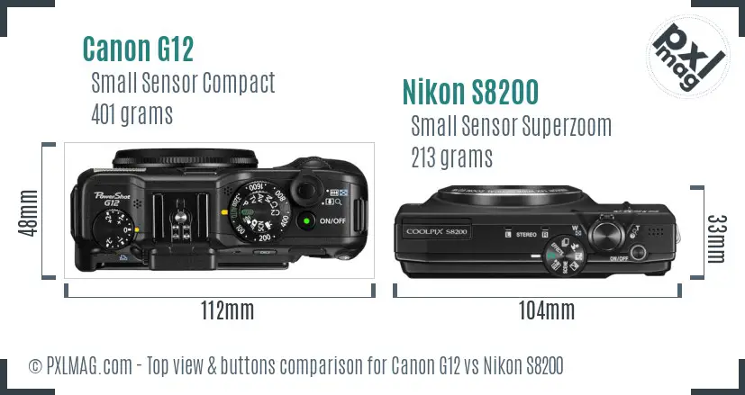 Canon G12 vs Nikon S8200 top view buttons comparison Canon G12 vs Nikon S8200 top view buttons comparison