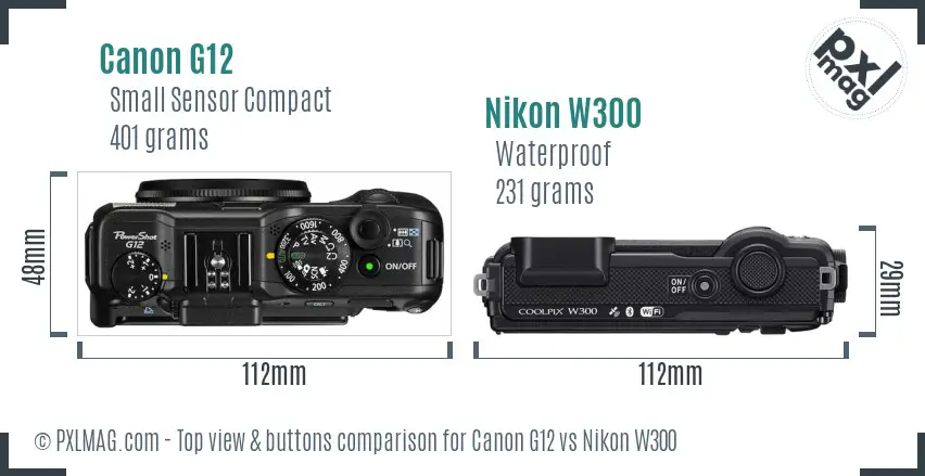 Canon G12 vs Nikon W300 top view buttons comparison