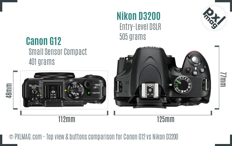 Canon G12 vs Nikon D3200 top view buttons comparison Canon G12 vs Nikon D3200 top view buttons comparison