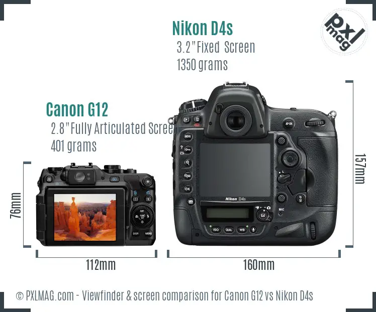 Canon G12 vs Nikon D4s Screen and Viewfinder comparison