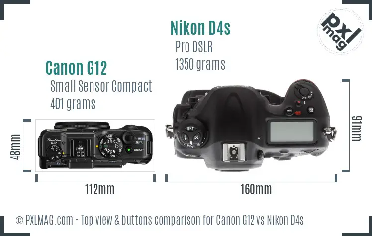 Canon G12 vs Nikon D4s top view buttons comparison