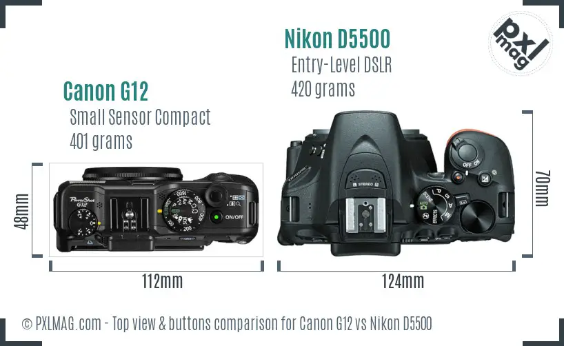 Canon G12 vs Nikon D5500 top view buttons comparison Canon G12 vs Nikon D5500 top view buttons comparison