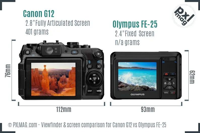 Canon G12 vs Olympus FE-25 Screen and Viewfinder comparison