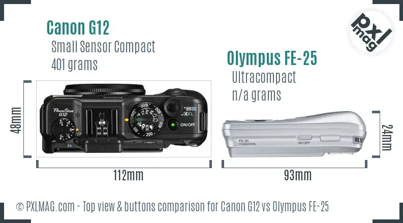 Canon G12 vs Olympus FE-25 top view buttons comparison