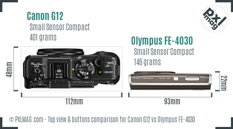 Canon G12 vs Olympus FE-4030 top view buttons comparison