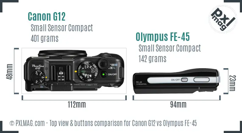 Canon G12 vs Olympus FE-45 top view buttons comparison