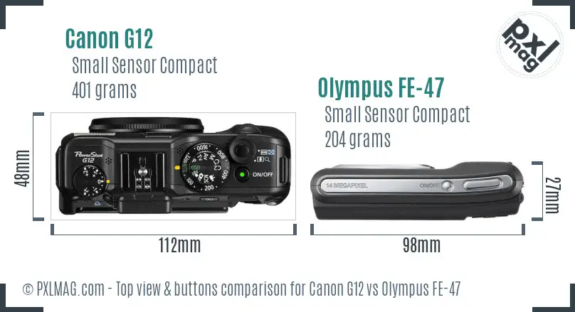Canon G12 vs Olympus FE-47 top view buttons comparison