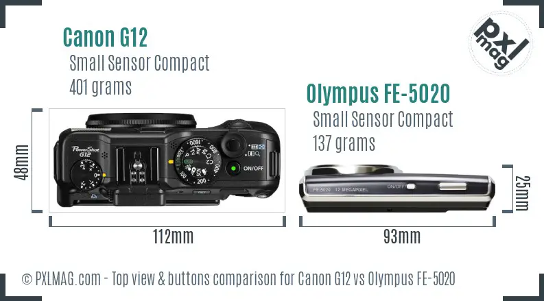 Canon G12 vs Olympus FE-5020 top view buttons comparison