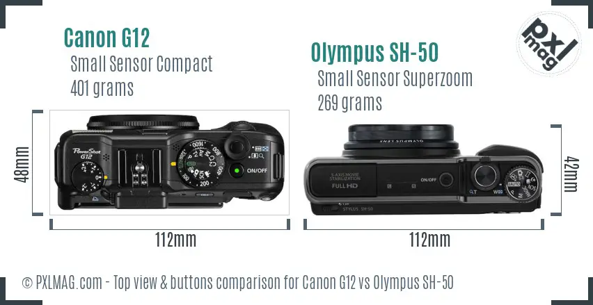 Canon G12 vs Olympus SH-50 top view buttons comparison Canon G12 vs Olympus SH-50 top view buttons comparison