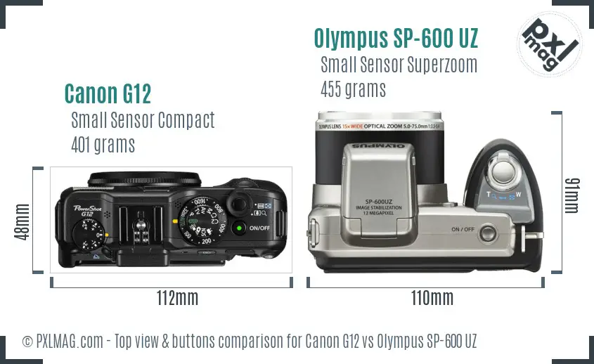 Canon G12 vs Olympus SP-600 UZ top view buttons comparison
