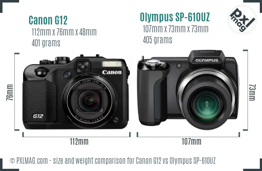 Canon G12 vs Olympus SP-610UZ size comparison Canon G12 vs Olympus SP-610UZ size comparison