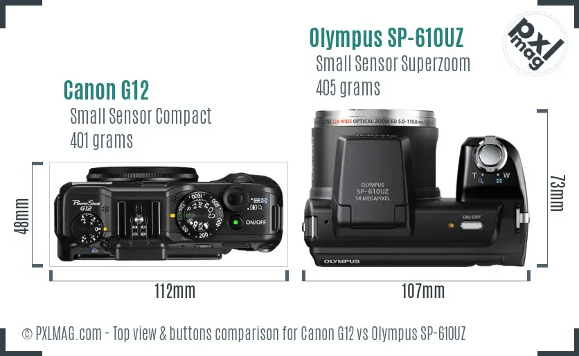 Canon G12 vs Olympus SP-610UZ top view buttons comparison Canon G12 vs Olympus SP-610UZ top view buttons comparison