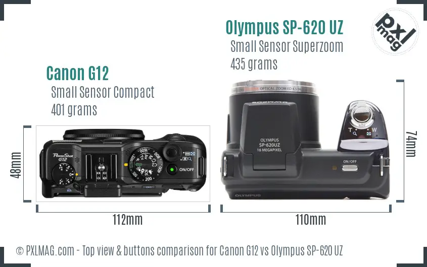 Canon G12 vs Olympus SP-620 UZ top view buttons comparison Canon G12 vs Olympus SP-620 UZ top view buttons comparison