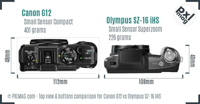 Canon G12 vs Olympus SZ-16 iHS top view buttons comparison Canon G12 vs Olympus SZ-16 iHS top view buttons comparison