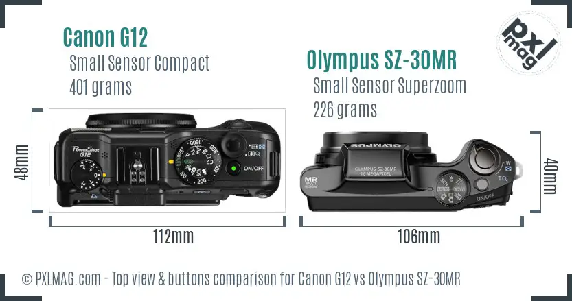 Canon G12 vs Olympus SZ-30MR top view buttons comparison Canon G12 vs Olympus SZ-30MR top view buttons comparison