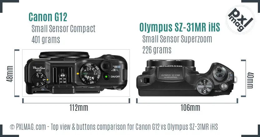 Canon G12 vs Olympus SZ-31MR iHS top view buttons comparison Canon G12 vs Olympus SZ-31MR iHS top view buttons comparison