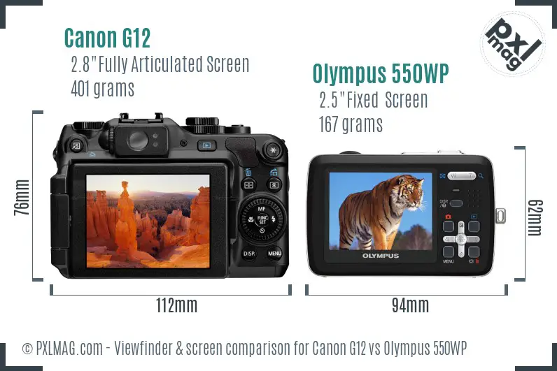 Canon G12 vs Olympus 550WP Screen and Viewfinder comparison