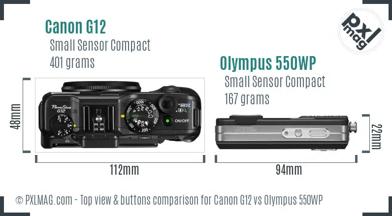 Canon G12 vs Olympus 550WP top view buttons comparison