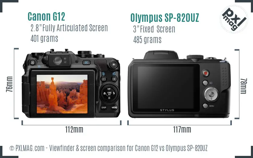 Canon G12 vs Olympus SP-820UZ Screen and Viewfinder comparison