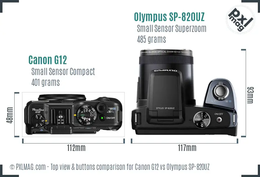 Canon G12 vs Olympus SP-820UZ top view buttons comparison