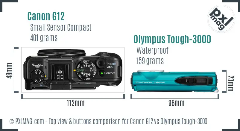 Canon G12 vs Olympus Tough-3000 top view buttons comparison