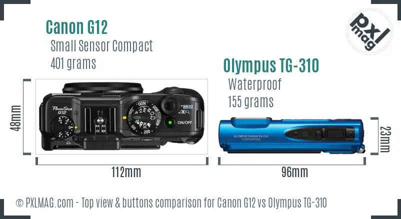 Canon G12 vs Olympus TG-310 top view buttons comparison