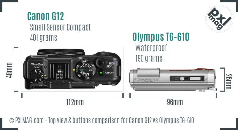 Canon G12 vs Olympus TG-610 top view buttons comparison
