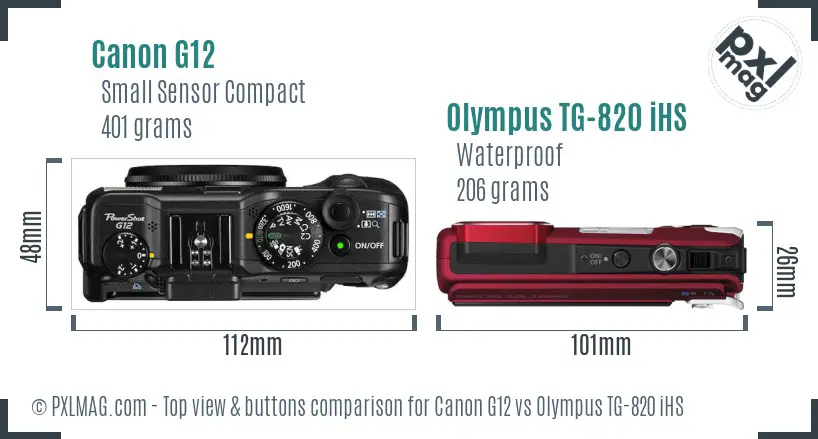 Canon G12 vs Olympus TG-820 iHS top view buttons comparison