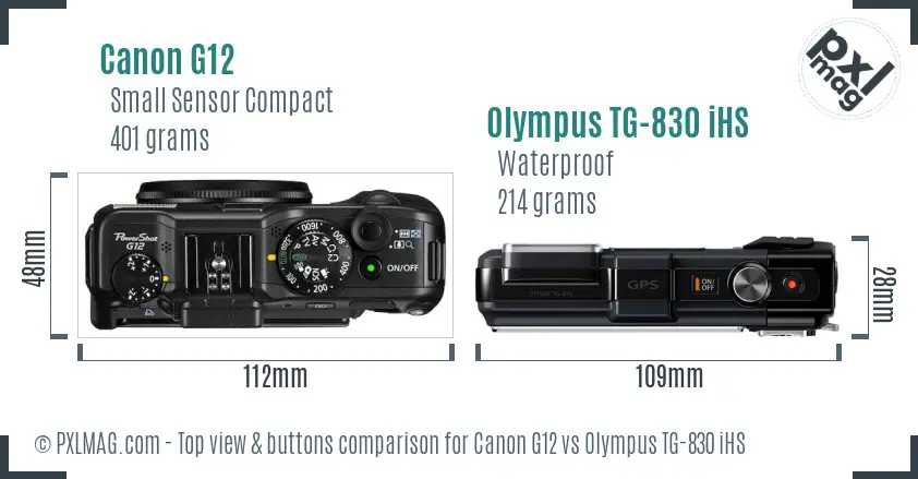 Canon G12 vs Olympus TG-830 iHS top view buttons comparison
