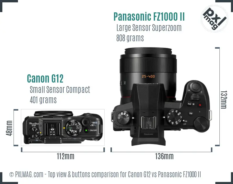 Canon G12 vs Panasonic FZ1000 II top view buttons comparison