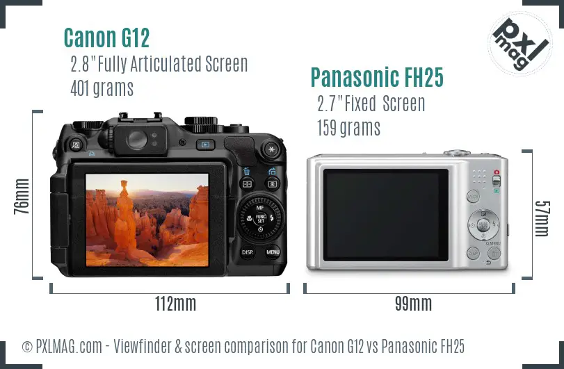 Canon G12 vs Panasonic FH25 Screen and Viewfinder comparison