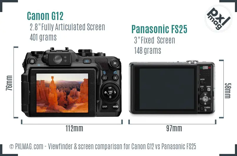 Canon G12 vs Panasonic FS25 Screen and Viewfinder comparison