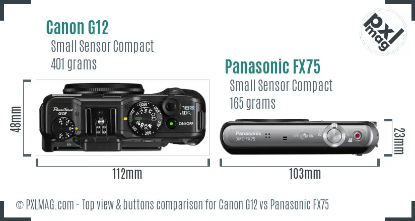 Canon G12 vs Panasonic FX75 top view buttons comparison