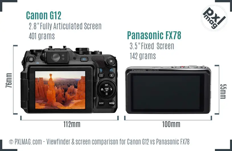 Canon G12 vs Panasonic FX78 Screen and Viewfinder comparison