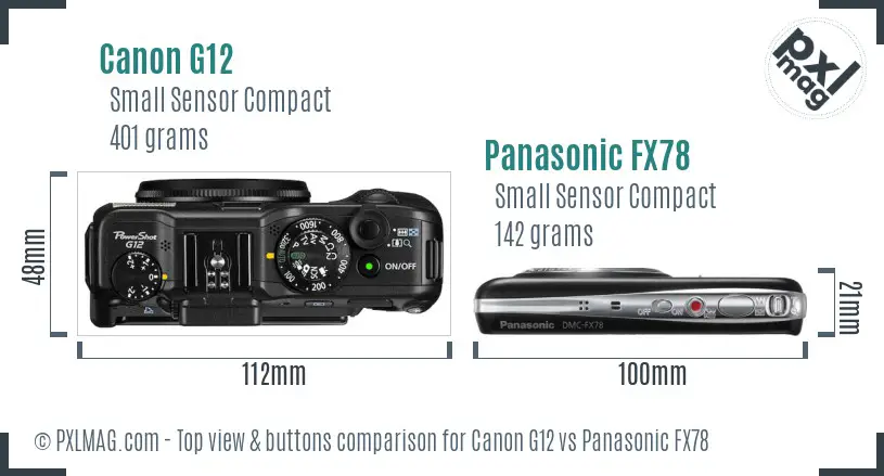 Canon G12 vs Panasonic FX78 top view buttons comparison