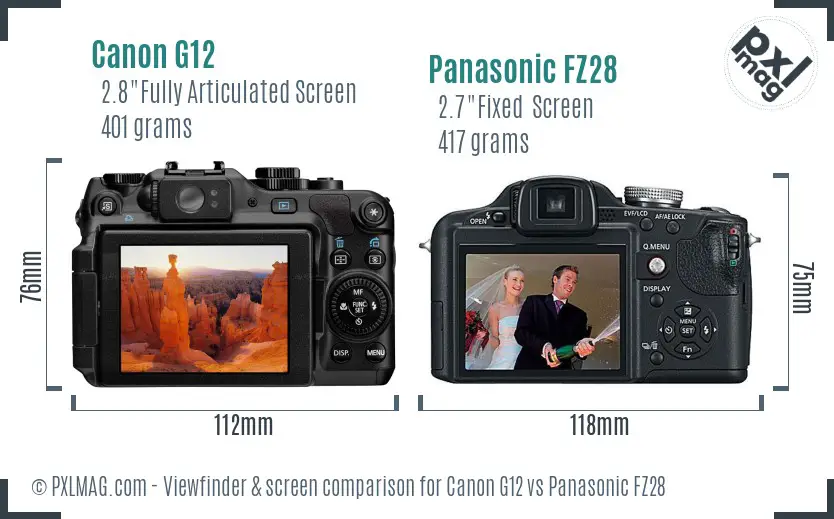 Canon G12 vs Panasonic FZ28 Screen and Viewfinder comparison