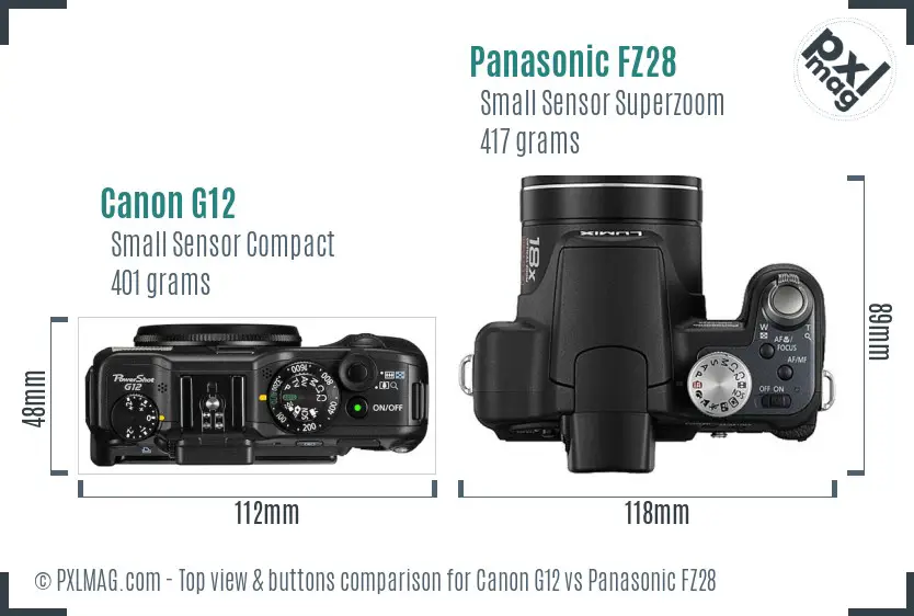 Canon G12 vs Panasonic FZ28 top view buttons comparison